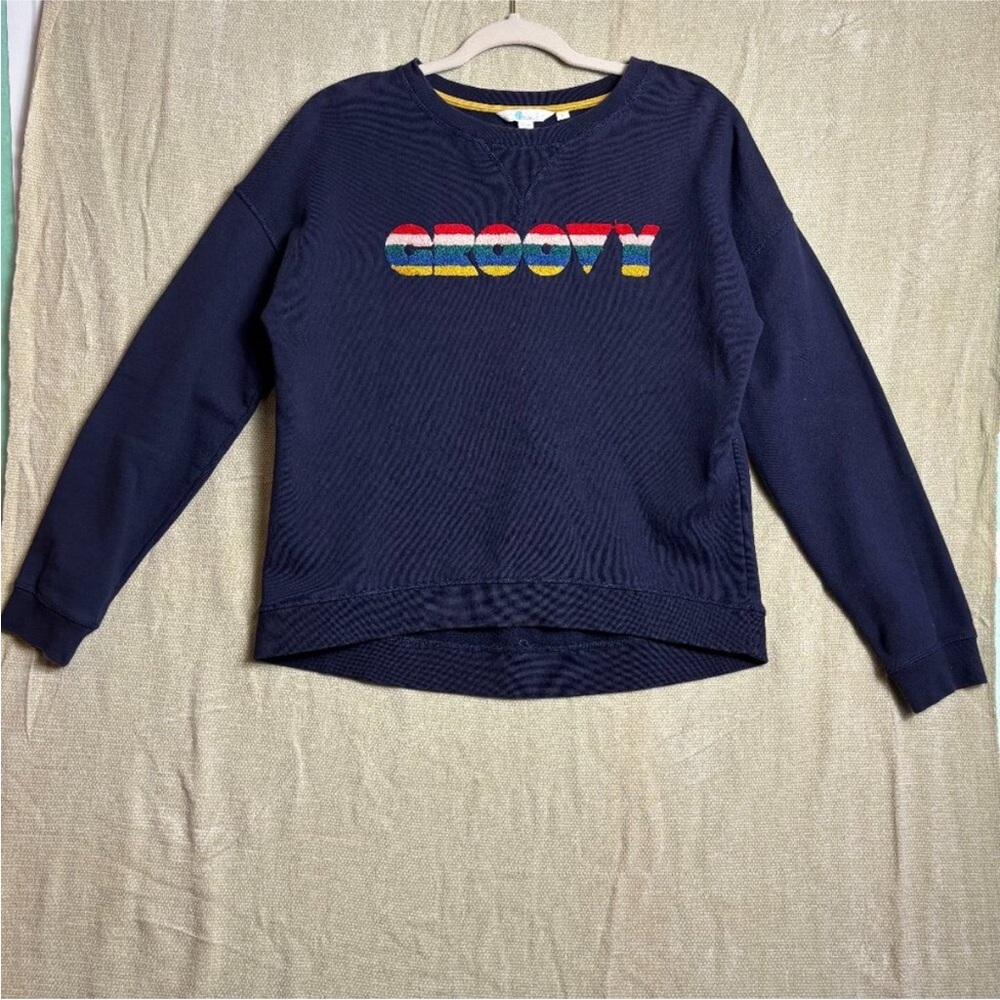 Boden Navy “Groovy” Rainbow Stripe Sweatshirt Retro 70s Graphic Women’s S